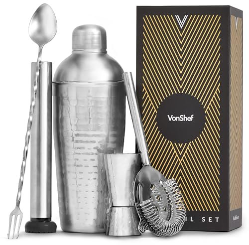 VonShef Cocktail Shaker Set, Silver 5pc Set with 750ml Hammered Manhattan Cocktail Shaker, Professional Bartender Kit for Home Bar, Including Strainer, Jigger & Other Bar Accessories Inside Gift Box
