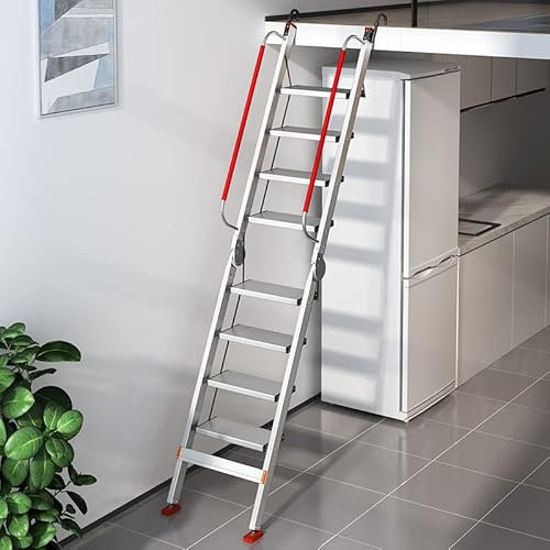 Dachbodentreppe aus Aluminium, Dachbodentreppe mit rutschfesten Füßen, Klappleiter, tragbare Verlängerungsleiter, für Arbeiten im Haushalt und im Freien,Silber,10 Steps