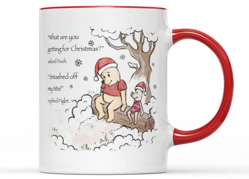 SMARTYPANTS Rude Christmas Hats Winnie The Pooh & Piglet Mug - Watercolour Novelty Sarcastic Funny Swear Festive Xmas Smashed Quote Pig Bear Gift Present Tea Coffee Cup (Red Handle Prime)