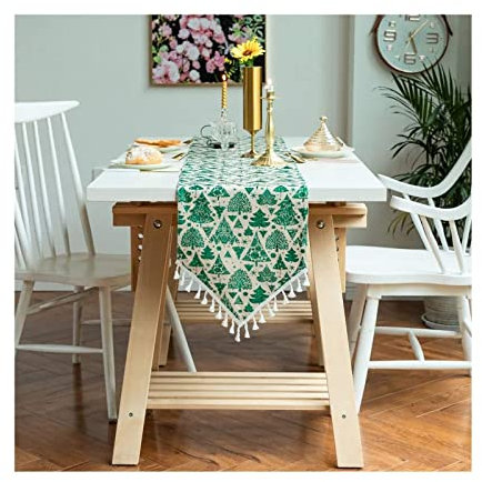 Stfery Tischläufer Herbstlich Grün, Table Runner Cloth 33x120CM Weihnachtsbaum Quaste Baumwolle Tischdeko Wohnzimmer Küche Geburtstage Hochzeiten