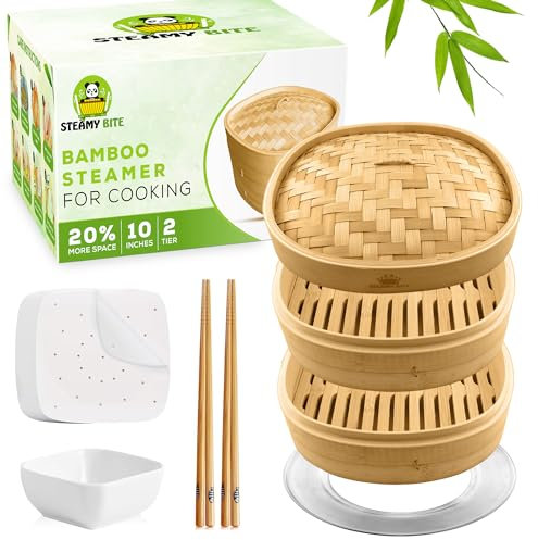 SteamyBite 10 Inch 2 Tier Square Bamboo Dumpling Steamer Basket - Natural Bamboo, Includes Liners, Chopsticks, Adapter Ring, Sauce Cup
