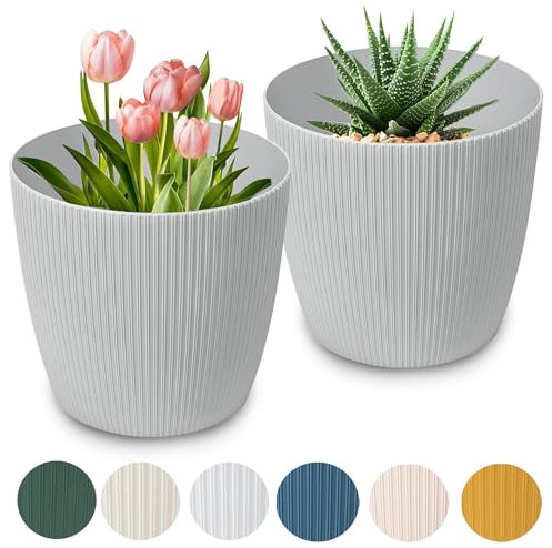 PECZEKO Macetero mate, macetero de plástico, maceta decorativa para plantas grandes, 2 maceteros de flores, macetero para hierbas, 2 unidades, color gris, diámetro de 26 cm