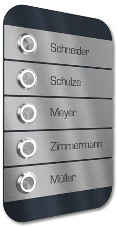 Graviers Design Campanello multi familiare con Pulsante LED incisione di 5 nomi - V2A acciaio inox 140x220 mm Verniciatura a polvere RAL 7016 - incasso selezionabile esterno per porta