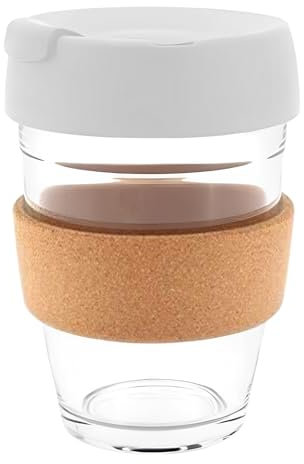 Reusable Glass Coffee Cup/Travel Mug with Lid - Heat Resistant Sleeve Surround Eco Friendly with Plugged Removable Lid (White Cork)