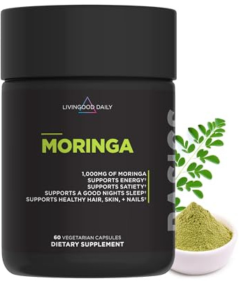 Livingood Daily Moringa Capsules, Moringa Supplement for Energy, Sleep, Satiety, Hair, Skin, Nails & Wellness, Plant Based Vegetarian, Gluten Free, Non GMO, Vegan, Daily Greens Superfood, 60 Capsules