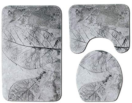 goodjinHH 01 Badezimmer Set 3-teiliges,Badvorleger Toilettenmatte,Toilettensitz Dreiteiliges mit Blattdruck,Waschbar Badematten Set,WC-Garnitur rutschfest Teppich Badezimmerteppich-Set (Grau)
