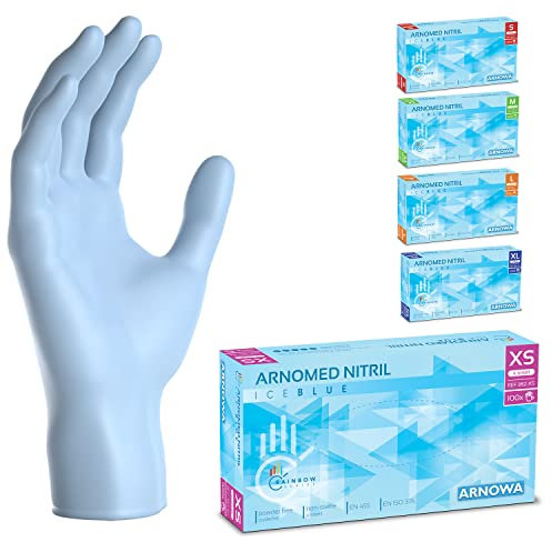 100x ARNOMED® Guanti nitrile XS Blu Azzuro, Guanti monouso senza polvere e lattice, Guanti plastica usa e getta dermanytril, Per cucina, pulizia casa, alimenti e tattoo XS, S, M, L, XL