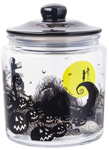 Silver Buffalo Disney Tim Burton Nightmare Before Christmas Moon Hill Friedhofsszene Jack Skellington und Sally Glas Kekssnack Süßigkeitendose mit Deckel (klein)