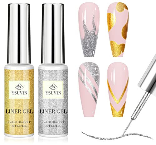 YSUVIN Esmalte Semipermanente Liner, 2 Colores Oro Plata Pintauñas Semipermanentes Soak Off UV/LED Gel Uñas Pintura de Líneas DIY Francés Manicura Nail Art Set Kit Uñas Semipermanentes, 8ML