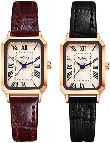 JewelryWe 2pcs Uhren Damen Analog Quarz Armbanduhr Klassische Römische Ziffern Rechteckig Leder Armband Beiläufige Uhr für Frauen Mädchen Schwarz