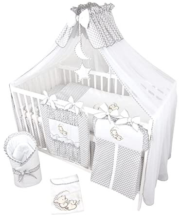 Bello24 - 14 Teiliges Kinderbettwäsche Babybettwäsche Komplettset ohne Bett Bestickt (Teddybär Mond) (90x120 cm)