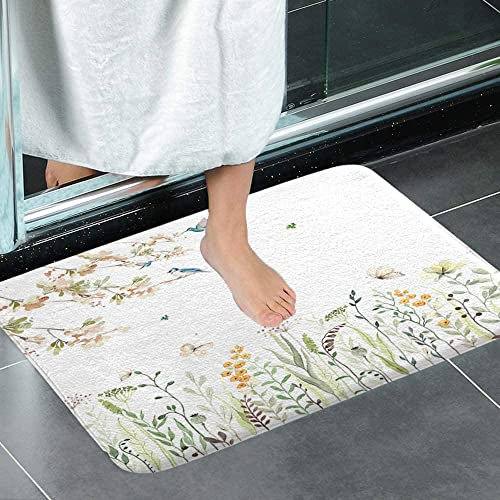 Salbeigrüne Eukalyptus-Badteppiche für Badezimmer, Aquarell-Pflanzenblätter, Vögel, tropische Blumen, Natur, rutschfester Flanell-Badezimmerteppich, trocknet schnell, wasserabsorbierend, 43.2x73.3 cm