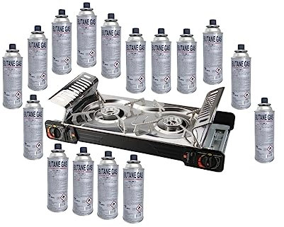 IMEX Edelstahl 2 Flammiger Outdoor Doppelgaskocher mit 16 Gaskartuschen