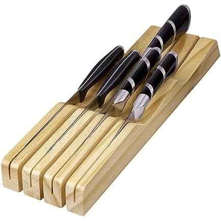 Kn-ife Drawer Organizer, Lightweight Kn-ife Storage Block Holds 7 Knive, Wooden Kn-ife Holder, Horizontal Kn-ife Wooden Drawer, Kitchen Kn-ife Organizer Insert In-Drawer Bam-boo Tray For Occasion Home