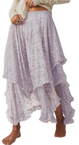 R.Vivimos Women Summer Boho Lace Beach Cover Up Maxi Skirt Translucent Swing Ruffle Irregular Hem Long Skirts(Medium,Purple)