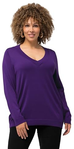 Ulla Popken Damen Pullover, V-Ausschnitt, Langarm, weicher Feinstrick, lila, 62/64