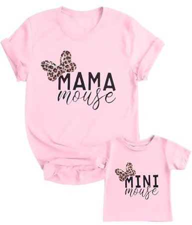 Mommy and Me passendes Hemd-Outfit Mama Mini Leopard Love Heart T-Shirt Mutter Tochter Familie passendes Set Kleidung, A-Pink (Erwachsene), L