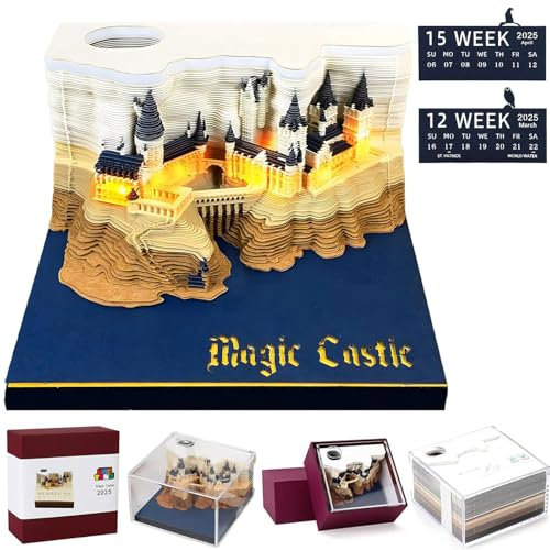 Starnearby 3D-Notizblock, 3D Kalender Abreißen 2026, 2026 Tischkalender-Notizblock mit Licht, Kreative Magic Castle Haftnotizen, Papierskulptur Desktop Ornament (Schloss mit Licht)