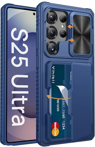 Vihibii pour Coque Samsung Galaxy S25 Ultra avec Porte-Carte & RFID Blocage & Cache Caméra, Protection Militaire Antichoc Étui Antidérapante Anti-Rayures Rigide Case pour Galaxy S25 Ultra 2025, Bleu