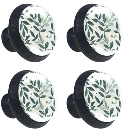 Sage Green Floral Pattern Kitchen Cabinet Knobs - Decorative Hardware Pulls and Handles for Dresser Drawers, Home Furniture - 4 Pack