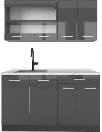 Vicco Singleküche R-Line, Anthrazit Hochglanz/Anthrazit, 140 cm, AP Marmor