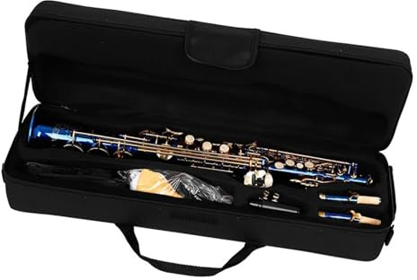 Saxofon Blå sopransaxofon standard Bb raka mässingssnurrade tangenter med strumpebandshållare
