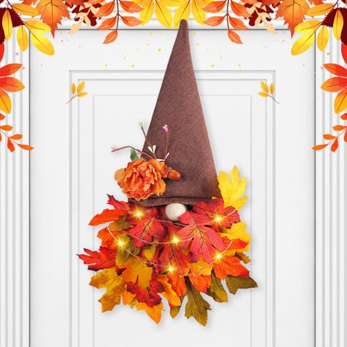 Skeadex Türkranz Herbst, 70cm Wichtel Herbstkranz Haustür mit Lichterkette & Ahornblatt Herbstdeko Tür mit LED Licht Batteriebetrieben Zwerg Türdeko Herbst Deko für Haustür Wand Außen (B)