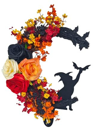 Halloween Deko Türkranz mit LED Lichter, Halloween Türkranz mit Blume & Schwarze Katze Halloween-deko Herbstkranz Leuchtend Halloweenkranz Batteriebetriebene für Wand Haustür Fenster Türdeko (A)