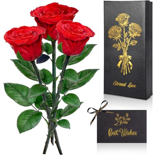 GRIRDDIV Rosa Stabilizzata Regalo Donna, Rosa Eterna con Steli Regalo per Donne Compleanno, Vera Eterna Fiori Rosa Regalo Donna Compleanno Anniversario Per Lei, Mamma, Fidanzata, Vera Rosa Rosso