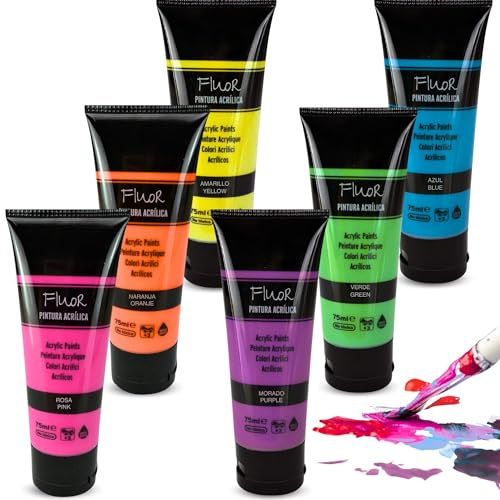 Pintura Acrílica Fluorescente, Apta para Artistas Principiantes Manualidades, Usar sobre Lienzo, Madera, Cerámica, Porex, Tela, Secado rápido, Color intenso, Pack 6 botes de 75 ml