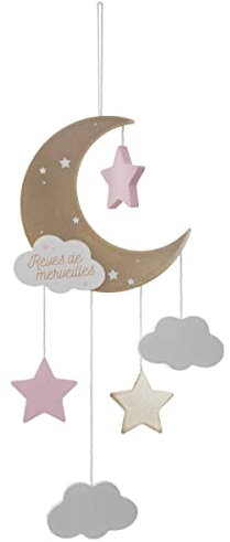 Atmosphera - Kinder-Hängeleuchte Mond - Holz und Baumwolle - rosa - H46-5 cm - Rosa