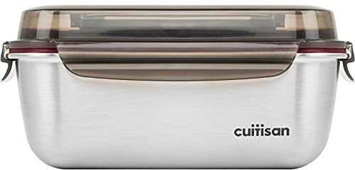 CANDL Cuitisan (Flora) Recipiente alimentario hermético de Acero Inoxidable, Tapa con Clip con muñeca, Rectangular, Apto para microondas + Horno, EC7-SSH02, (26,3cm x 20,0cm x 12,0cm / 2800ml)