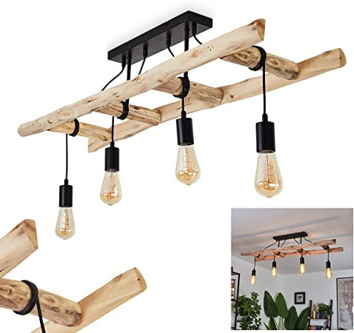 Deckenleuchte Yaak, Vintage Deckenlampe aus Metall in schwarz u. Holzleiter, Höhe max. 87 cm (verstellbar), 4 x E27, Leuchtenköpfe individuell einstellbar,ohne Leuchtmittel