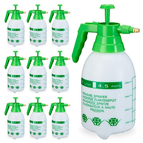Relaxdays 10 x Pumpsprühflasche, einstellbare Messingdüse, Pflanzen Bewässerung, Pestizide, Putzmittel, 2l Drucksprüher, grün