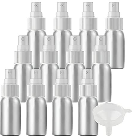 ZEOABSY 24 Piezas Pequeño 30ml Spray de Aluminio Plata Botella de Spray Vacía con Pulverizador Blanco de Niebla Fina Atomizador para Perfume Aromaterapia Agua Líquidos Tamaño de Viaje, Embudo