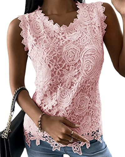 ORANDESIGNE Femmes Gilet en Dentelle Garniture Col Rond Débardeurs Casual Lâche Chemises sans Manches Chemisier Top avec Dentelle Débardeur Elégant Haut Sexy Casual Shirt Blouse Eté A Rose XXL