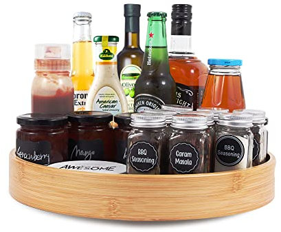 Lazy Susan Organizer 14 inch, Bamboo Lazy Susan for Table, Kitchen Turntable Organizer with Double Handles, Round Wood Rotating Turntable Spice Organizer for Countertop Cabinet or Pantry