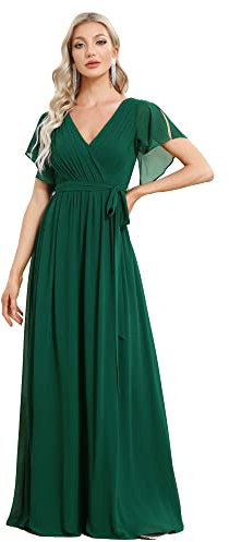 Ever-Pretty Damen Cocktailkleider Gürtel Lang A-Linie Empire Kurze Ärmel V-Ausschnitt Chiffon Dunkelgrün 44EU