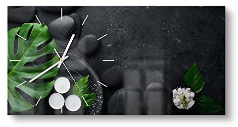 DEQORI Glasuhr | vertikal 60x30 cm | Motiv Spa-Konzept auf Schiefer | große XXL Design Uhr aus Glas | leise Wanduhr für Wohnzimmer & Küche | Moderne Hingucker Uhr für die Wand