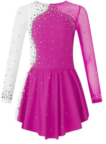 Doomiva Mädchen Eiskunstlauf Kleid Langarm Tanzkleid Glitzer Kürkleid Rollkunstlauf Kleid Wett­be­werb Tanzkostüm Tanzanzug A Rose 122-128