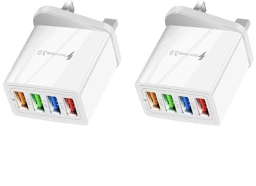 ORCO 2 Pack 4-Port USB Fast Charger Plug With 25W Intelligent Quick Charge 3.0 Wall Charger Multi Power Adapter UK Fast Charging for Smart Devices (White)