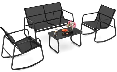 GOPLUS Gartenmöbel Set, Balkonmöbel Set mit Schaukelbank & 2 Schaukelstühle & Glastisch, 4 Personen Terrassenmöbel Textilene, Sitzgruppe Balkon, Garten, Hinterhof & Terrasse (Schwarz)