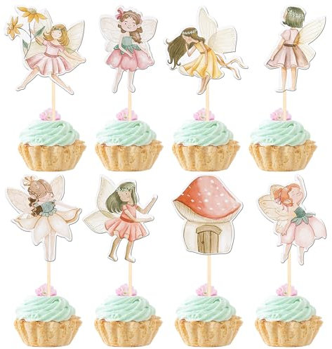Xsstarmi 40 Packung Fairy Cupcake Toppers Beidseitig Mushroom House Flower Fairy Cupcake Picks für Fairy Hochzeit Geburtstag Zubehör für Party Kuchendekorationen