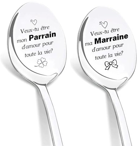 DIKARIYA Cadeau pour Parrain et Marraine, Cuillère à Café Acier Inoxydable, Cuillères Gravées au Laser, Cadeau Parrain et Marraine Anniversaire Original Cadeau Baptême pour Parrain et Marraine Mariage