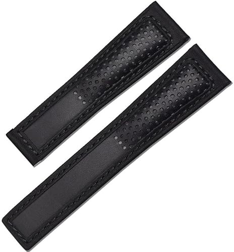 EAMOM Echtes Lederarmband 22 mm für Tag Heuer F1 Armband, rote Nähte, Armbanduhren, Faltschließe, Lederarmband(Black no buckle)
