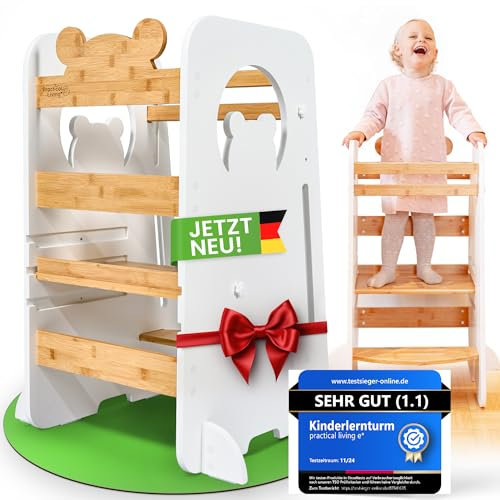 Einführungspreis - Lernturm [ab 1 Jahr] Höhenverstellbar & klappbar aus Bambus | Sicherer Steh- & Lern-Turm für Kinder, rutschfeste Trittfläche, Anti-Kipp-Schutz | Montessori Learning Tower