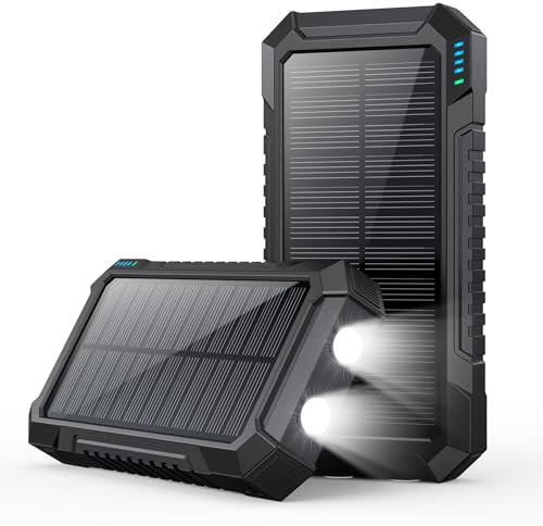 QTshine Batterie Externe Solaire 26800 mAh, PD 15W USB C Power Bank Chargeur Portable avec 3 Sorties, Charge Rapide Batterie Portable 2 Super lumineux Lampe Torche pour Smartphone,Tablette,Camping etc