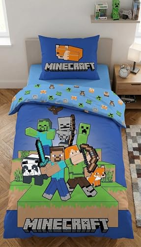 Minecraft Bettwäsche Ready to Survive 135x200+80x80 – 100% Baumwolle – Blau | Wendebettwäsche | Ready to Survive | Kinder & Jugendliche | Gamer | Offiziell lizenziert | Einzelbett