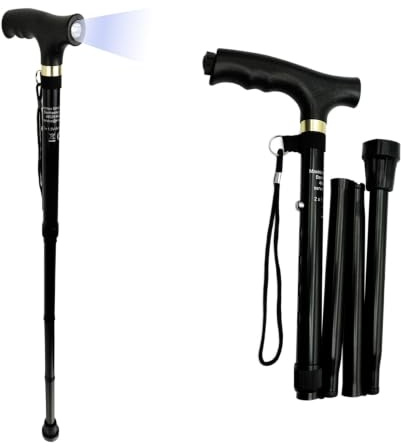 Maximex Gehstock faltbar mit LED, Zusammenklappbarer Gehstock mit ergonomisch, geformten Griff, 5-Fach höhenverstellbare Gehhilfe mit rutschsicherem Gummi Fuß, 30 x 85-95 x 14 cm