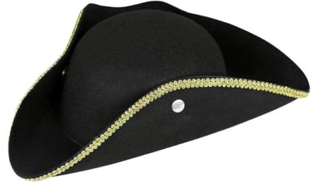 Adults Pirate Hat Tricorn - Black Hat with Gold Trim - Highwayman Town Cryer Bucaneer Pirate Cap Fancy Dress Accessory